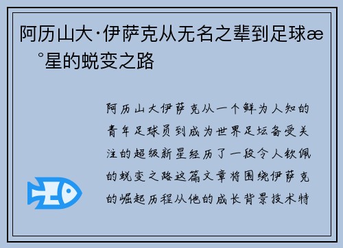 阿历山大·伊萨克从无名之辈到足球新星的蜕变之路